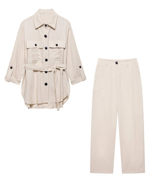 Conjunto Casual Feminino com Cinto, Camisa de Linho e Calça