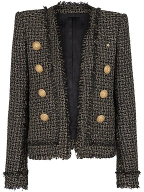 Blazer em Tweed Xadrez com Fios Dourados e Botões Ornamentais