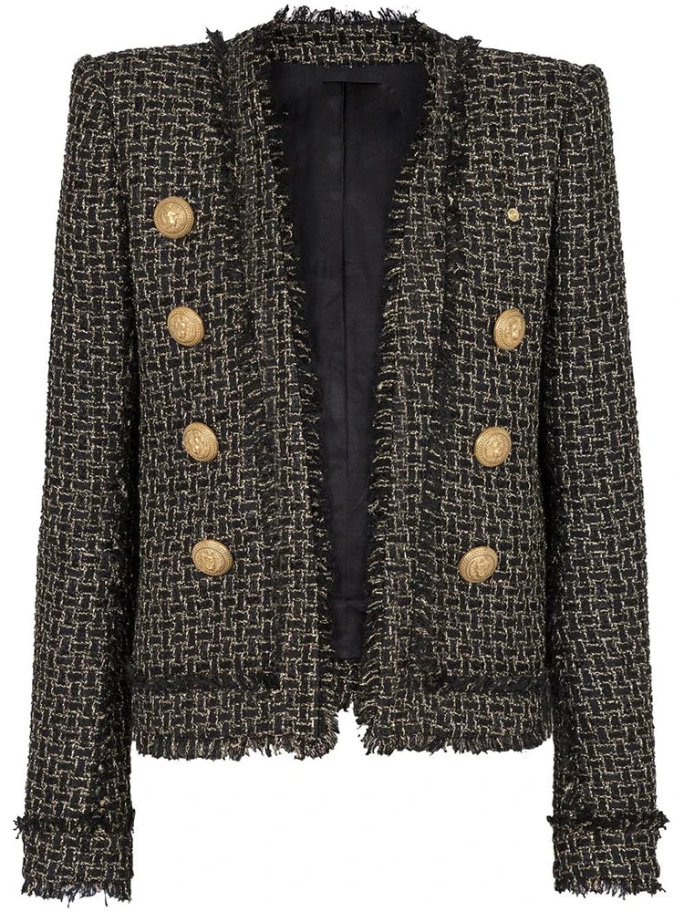 Blazer em Tweed Xadrez com Fios Dourados e Botões Ornamentais