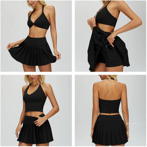 Conjunto Esportivo Feminino 2 Peças – Saia Plissada + Top Halter com Bojo | Tênis, Golfe e Treinos
