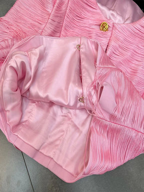 Jaqueta Curta de Luxo com Textura de Franjas Lineares e Botões Dourados