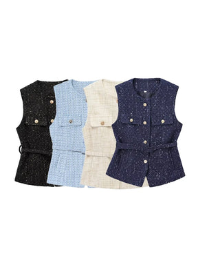 Colete Tweed com Cinto – Elegância e Estilo Atemporal