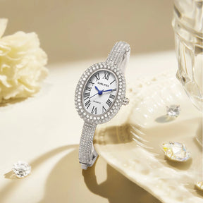 Relógio Feminino Bracelete – Estilo Luxo, Quartzo, Mostrador Oval Dourado/Prateado com Detalhes em Diamante, Fashion e Elegante