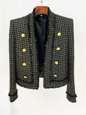 Blazer em Tweed Xadrez com Fios Dourados e Botões Ornamentais