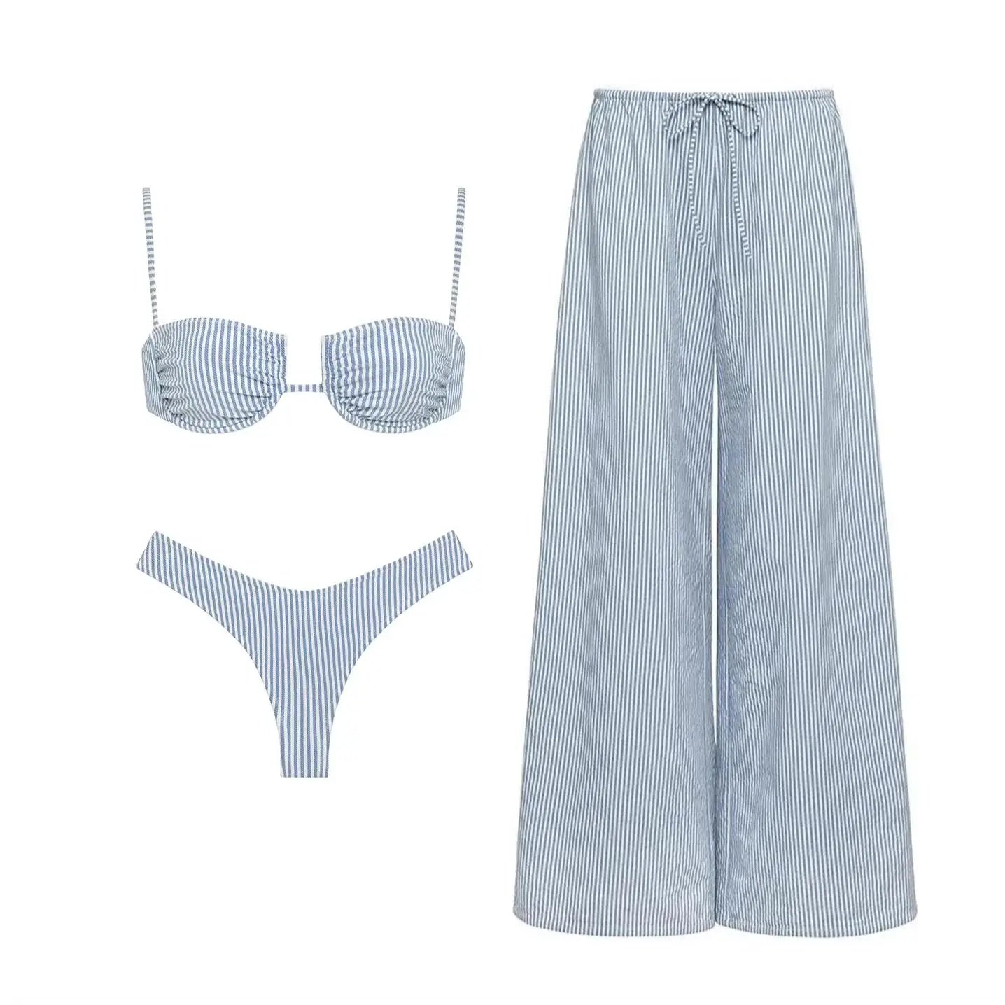 Conjunto de Biquíni Listrado com Efeito Push-Up e Calça Fluida