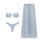 Conjunto de Biquíni Listrado com Efeito Push-Up e Calça Fluida
