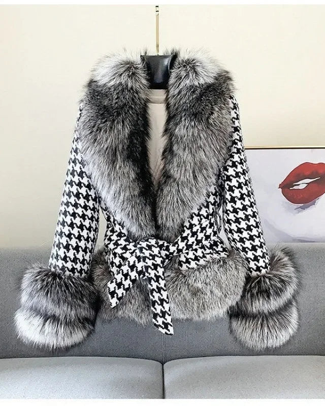 Casaco com Manga e gola de Pelo Pied-de-Poule