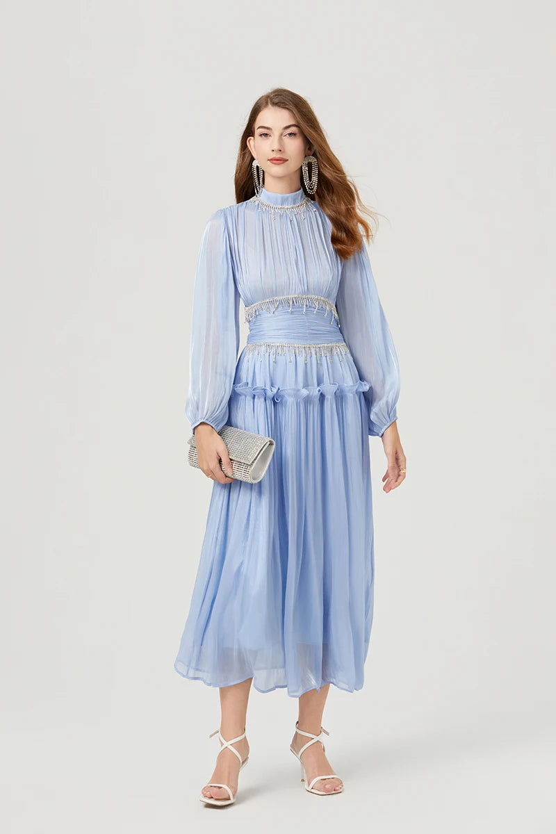 Vestido de Verão SEDA – Luxo Francês, Franjas, Pregas e cristais