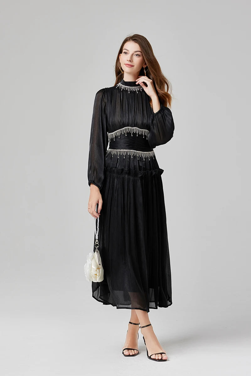 Vestido de Verão SEDA – Luxo Francês, Franjas, Pregas e cristais