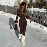 Macacão em Tricô com Manga em Pele e Zíper Frontal