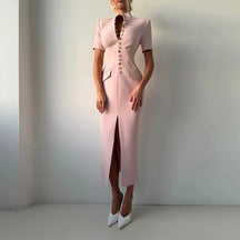 Vestido Midi Alfaiataria com Botões Dourados e Ombreira