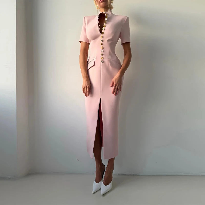 Vestido Midi Alfaiataria com Botões Dourados e Ombreira