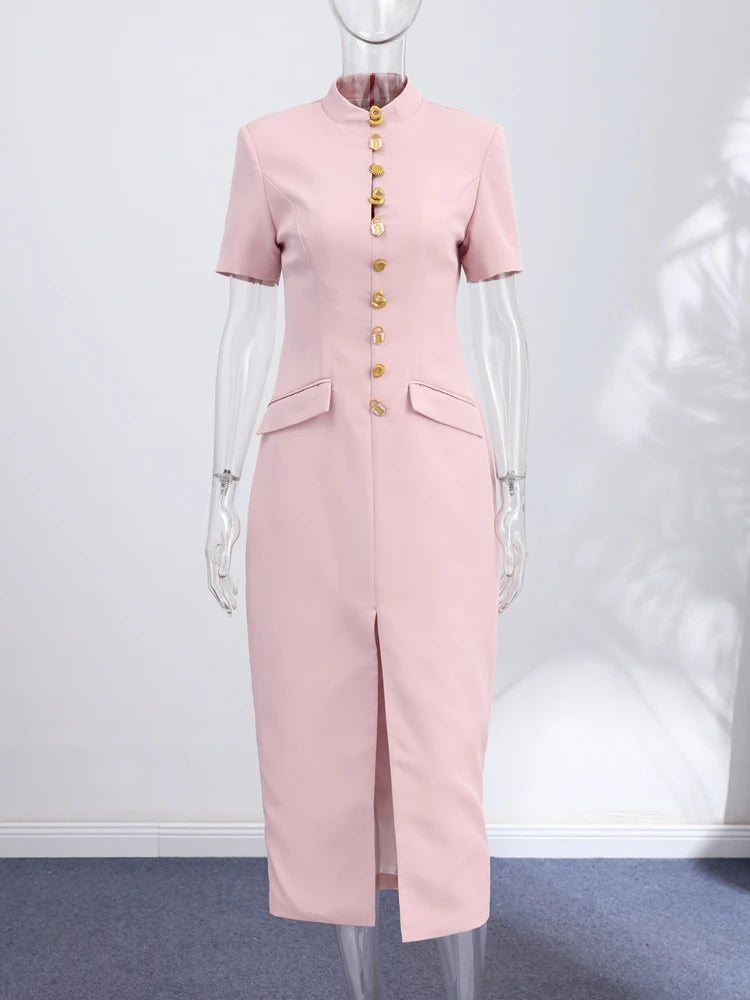 Vestido Midi Alfaiataria com Botões Dourados e Ombreira