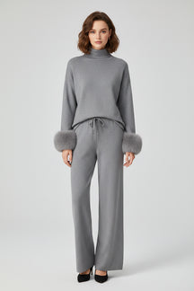Conjunto Sofisticado de Inverno: Blusa com Punhos em Textura e Calça