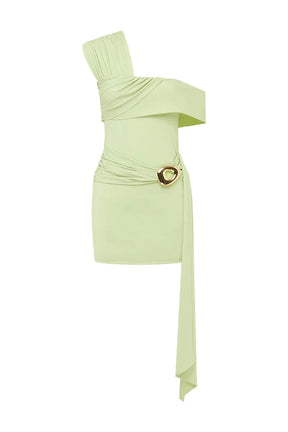 Vestido Curto Ombro Único – Sexy, Botões Metálicos