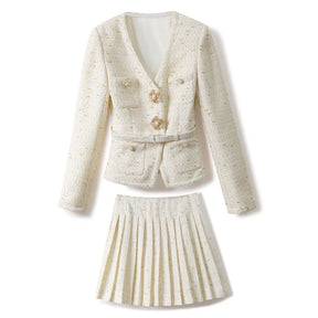 Conjunto de Tweed com Pedrarias – Blazer com Decote V e Saia Plissada de Cintura Alta