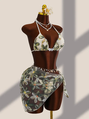 Conjunto de Praia de Três Peças com Flor Saia Fluida Transparente
