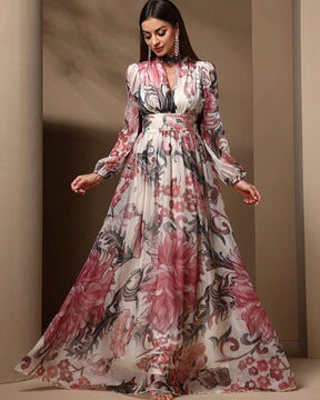 Vestido Longo Floral – Recortes Sofisticados, Manga Longa e Amarração nas Costas