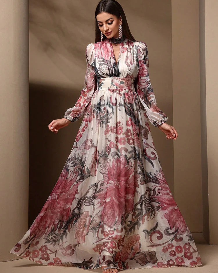 Vestido Longo Floral – Recortes Sofisticados, Manga Longa e Amarração nas Costas