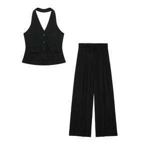 Conjunto Colete Halter Sem Mangas com Bolsos + Calça Pantalona Cintura Alta, Look Executivo Moderno