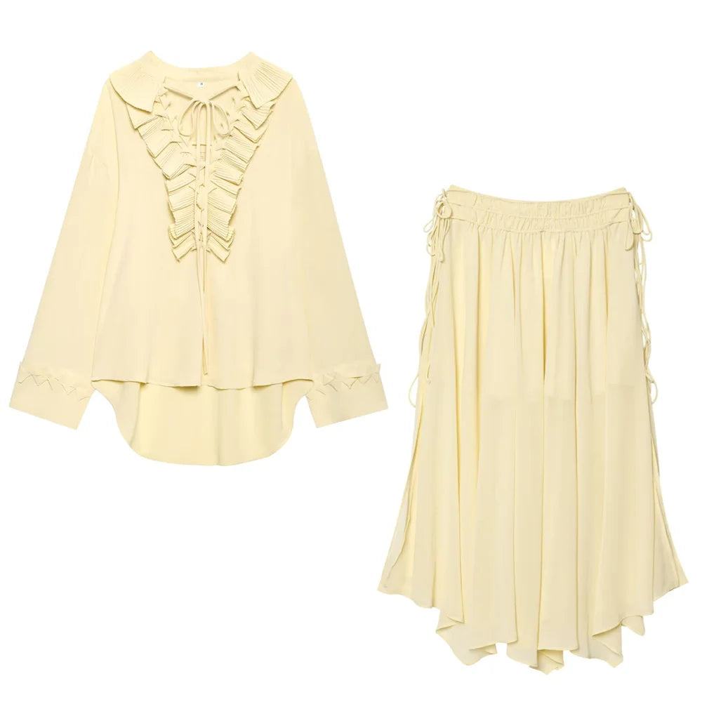 Conjunto Camisa com Babados & Saia Midi Casual Primavera/Verão