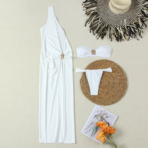Conjunto de Biquíni 3 Peças Detalhe Dourado – Biquíni Bandeau com Vestido Longo como Saída de Praia