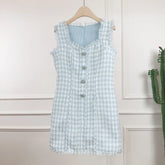 Vestido Tweed Blue Royale com Botões de Cristal Bordados à Mão