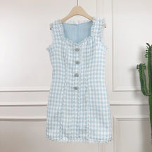Vestido Tweed Blue Royale com Botões de Cristal Bordados à Mão