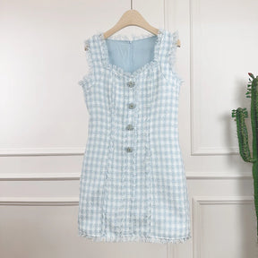 Vestido Tweed Blue Royale com Botões de Cristal Bordados à Mão