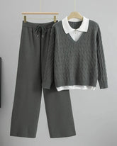 Conjunto Feminino Outono – Blusa Gola Lapela Estilo Camadas com Calça de Cintura Alta