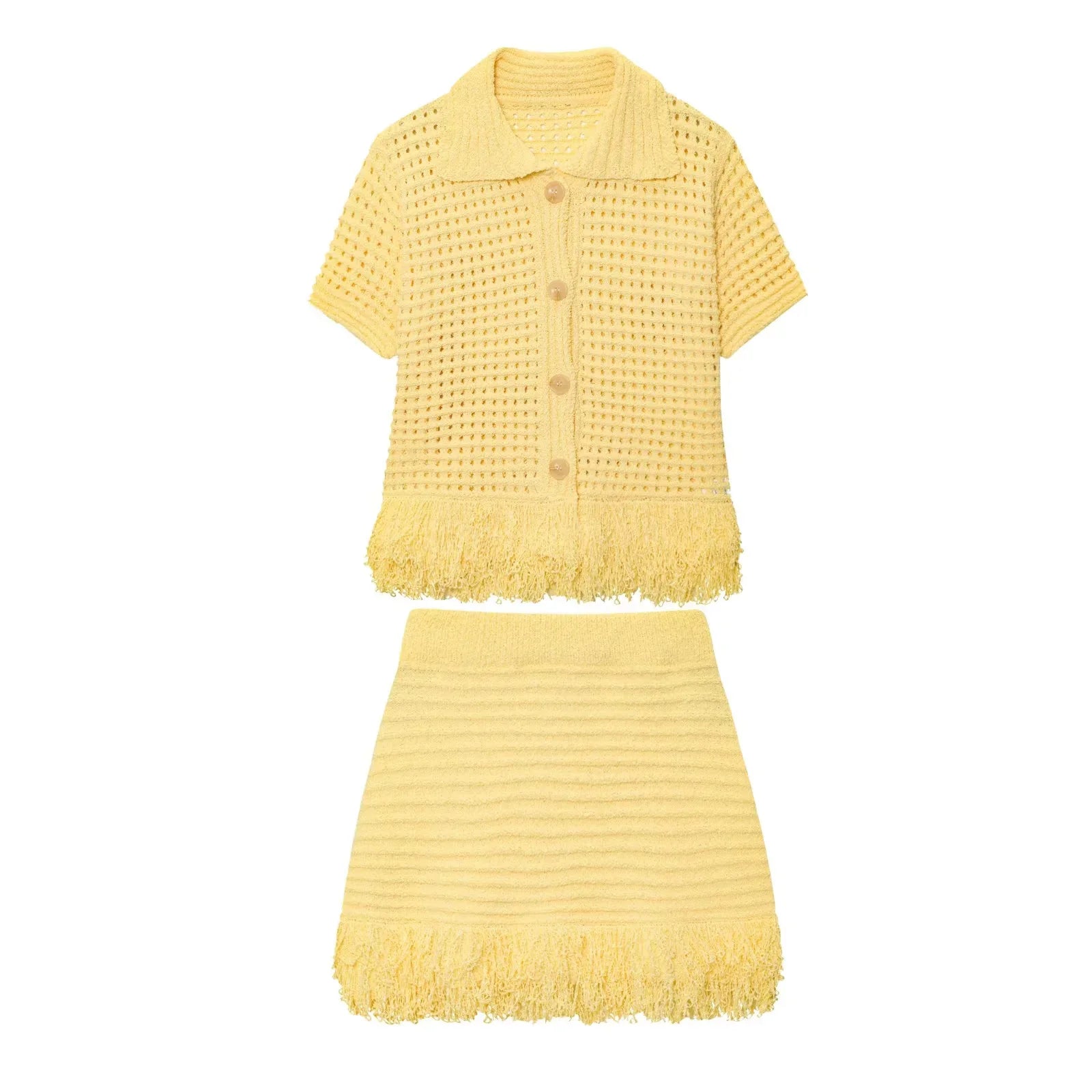 Conjunto em Tricô Vazado – Saia Mini + Camisa
