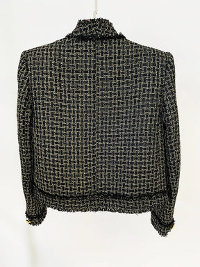 Blazer em Tweed Xadrez com Fios Dourados e Botões Ornamentais