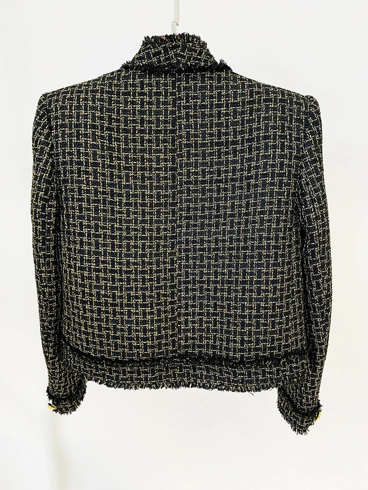Blazer em Tweed Xadrez com Fios Dourados e Botões Ornamentais