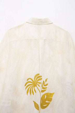 Conjunto Casual 2 Peças: Blusa Bege de Manga Longa com Gola Lapela + Shorts com Cintura Elástica e Faixa