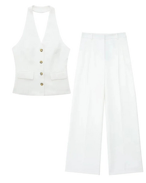 Conjunto Colete Halter Sem Mangas com Bolsos + Calça Pantalona Cintura Alta, Look Executivo Moderno