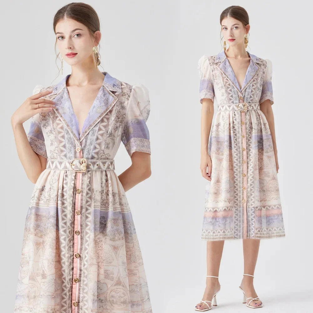 Vestido Estampado, Cintura Marcada e Cinto Elegante
