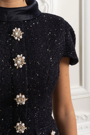 Vestido Longo – Maxi Luxo, Cristal e Cetim Tweed, Azul