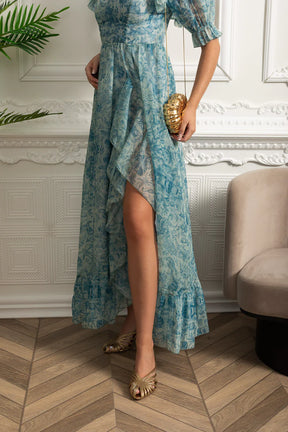 Vestido Runway – Floral Elegante com Mangas Bufantes, Babados em Camadas e Estilo Princesa para Festa