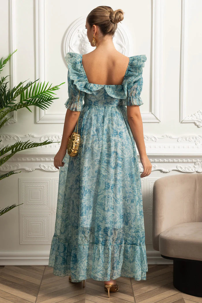 Vestido Runway – Floral Elegante com Mangas Bufantes, Babados em Camadas e Estilo Princesa para Festa