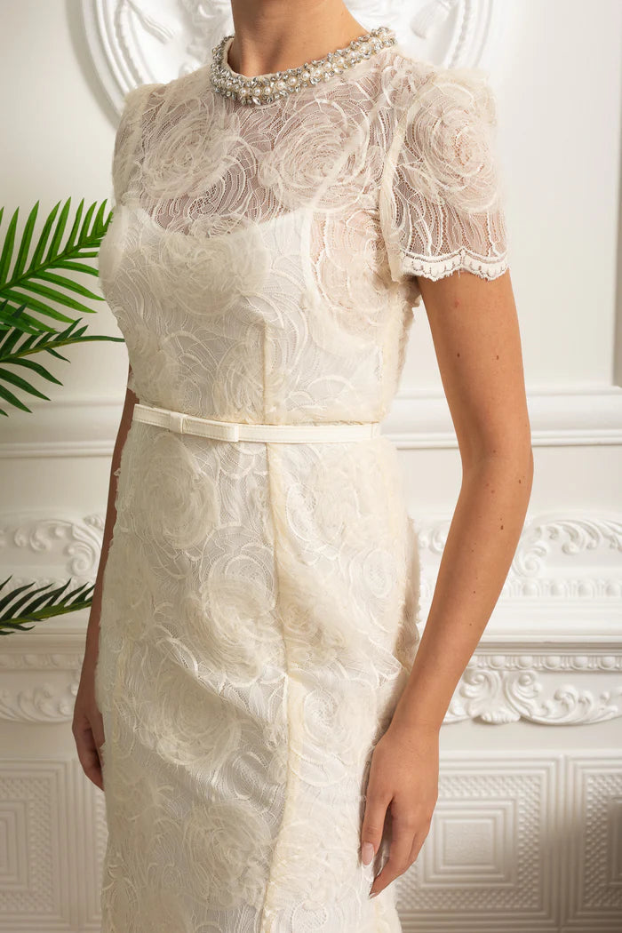 Vestido Longo – Luxo, Bordado em Renda, Detalhes com Diamantes e Cristais, Manga Curta Transparente, Modelo Midi