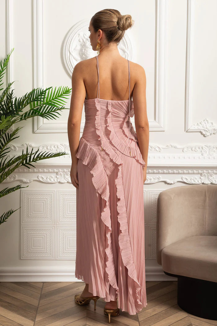 Vestido Sexy Assimétrico e Decote nas Costas – Sem Mangas, Com Babados, Cintura Alta e Modelagem Slim