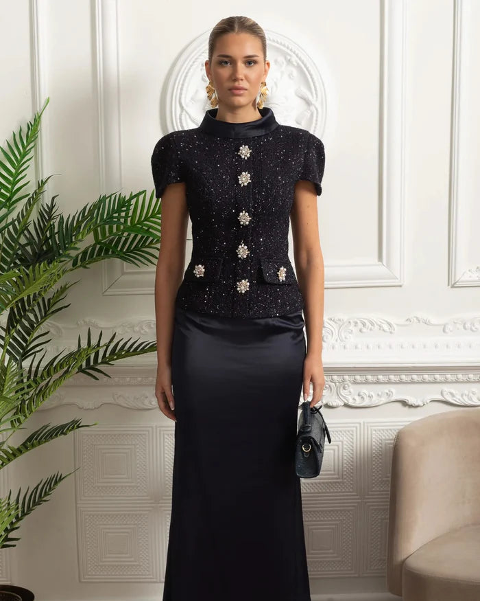 Vestido Longo – Maxi Luxo, Cristal e Cetim Tweed, Azul