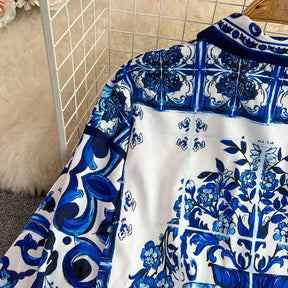 Conjunto Fashion Primavera - Camisa e Shorts com Estampa de Porcelana Azul e Branca