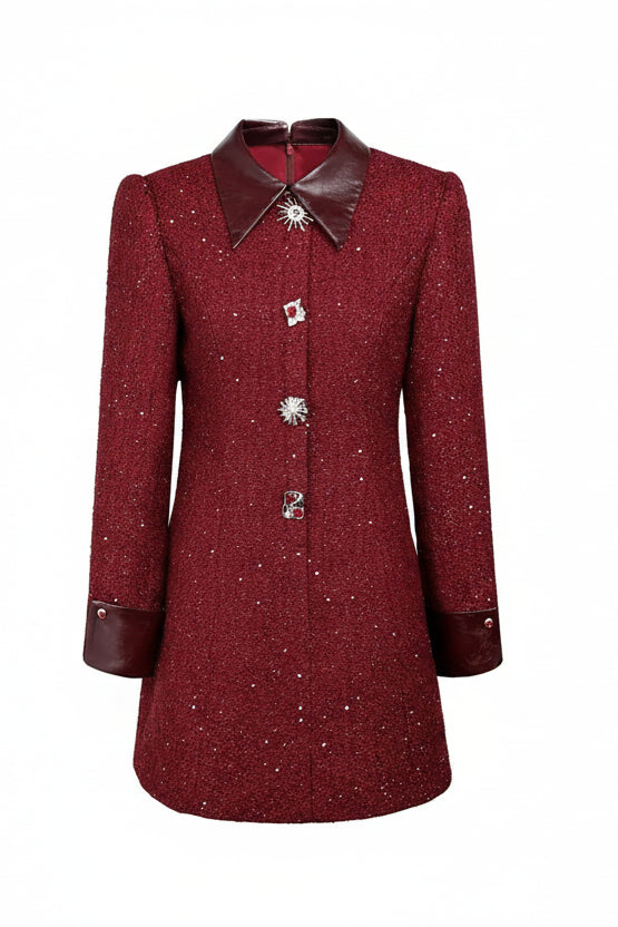 Casaco Vestido Mid-Length em Tweed Bordô com Botões Ornamentais
