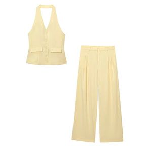 Conjunto Colete Halter Sem Mangas com Bolsos + Calça Pantalona Cintura Alta, Look Executivo Moderno