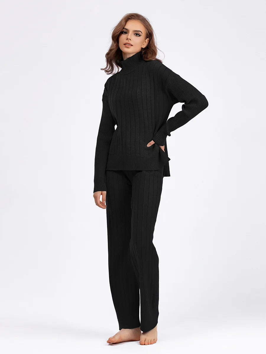 Conjunto Tricô Grosso com Blusa Gola Alta e Calça de Cintura Alta