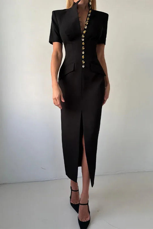 Vestido Midi Alfaiataria com Botões Dourados e Ombreira