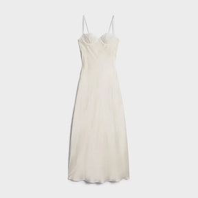 Vestido Slip Dress Midi Acetinado com Busto de Renda e Alças Finas