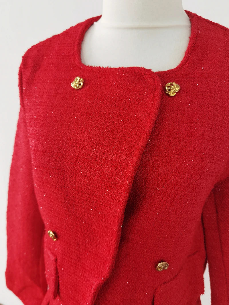 Conjunto Elegante em Tweed – Blazer e Shorts de Cintura Alta