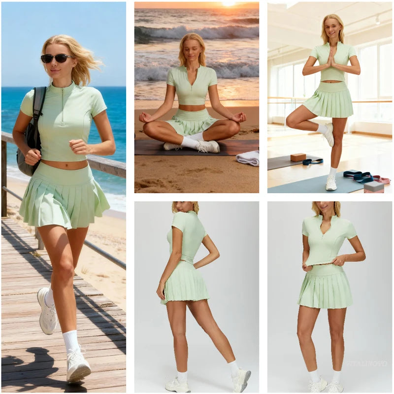 Conjunto Esportivo Feminino – Blusa com Zíper + Saia Plissada Cintura Alta | Tênis, Golfe e Treinos